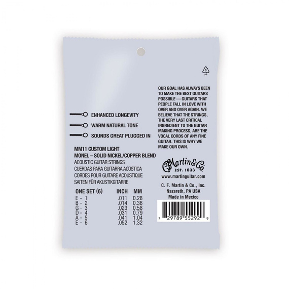 Struny do Gitary Akustycznej Martin Guitar Martin MM11 Retro 6 Str 11 Custom Light Monel