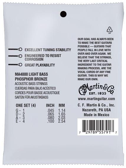 Struny do gitary basowej akustycznej Martin MA4800 Light (45-100) AA Phosphor Bronze 92/8